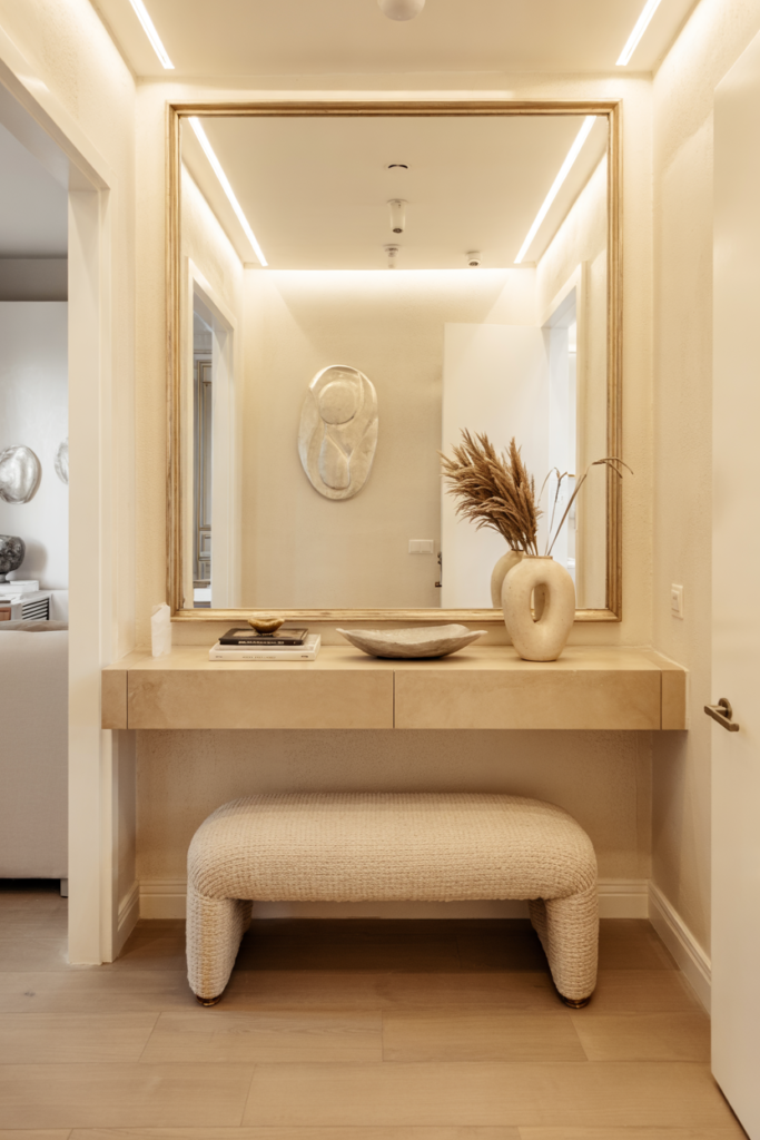 Small modern foyer with large floor-to-ceiling mirror, floating console, soft textures, and cozy-luxe bright design.