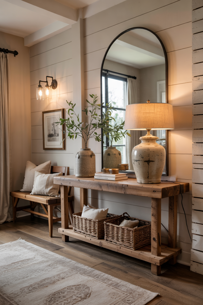 Modern farmhouse entryway with distressed wood console, rustic lighting, cozy layered decor, and warm luxury feel.