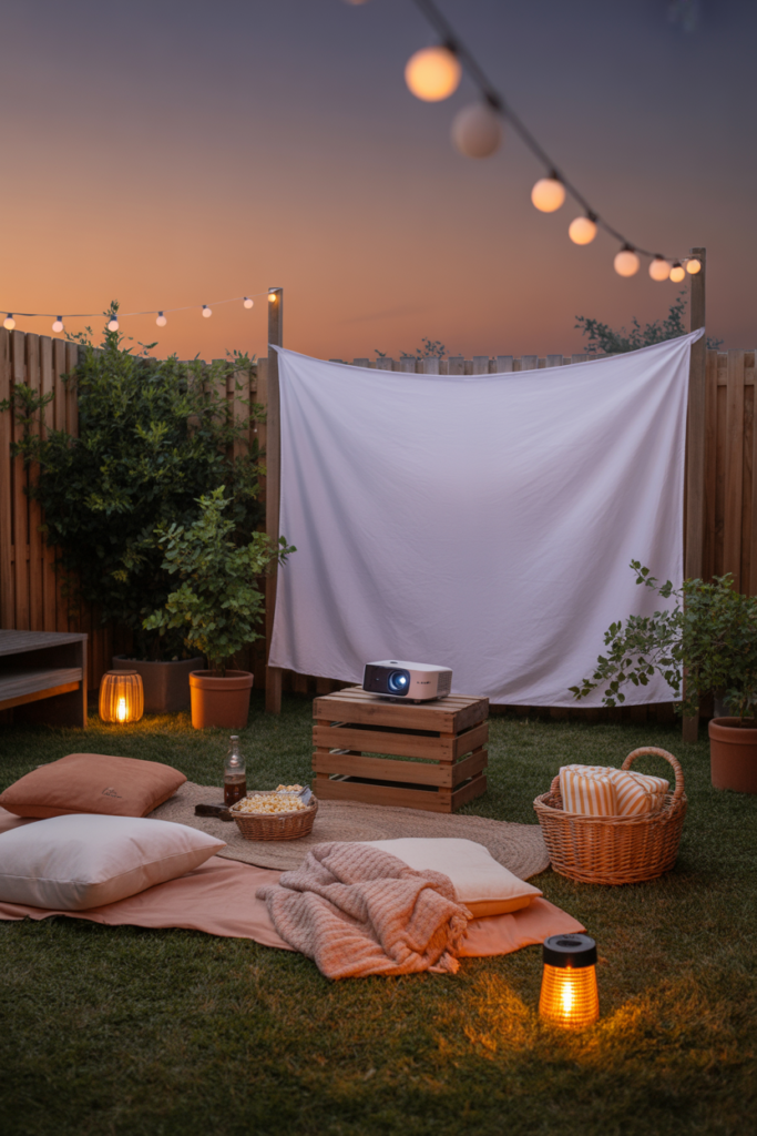 Cozy backyard outdoor movie corner with a white sheet screen, projector, floor cushions, blankets, and string lights during a summer evening.