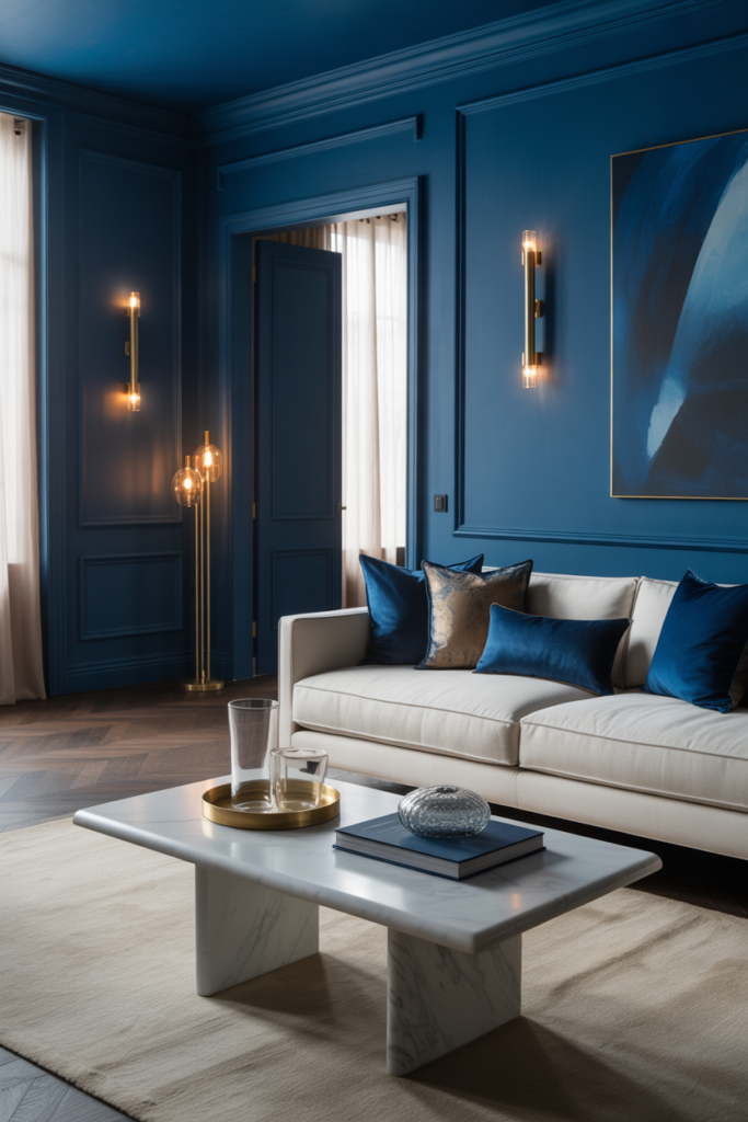 Classic modern living room with deep navy blue wall paint (#1F2A44), ivory linen sofa, dark oak floors, marble coffee table, and warm brass lighting