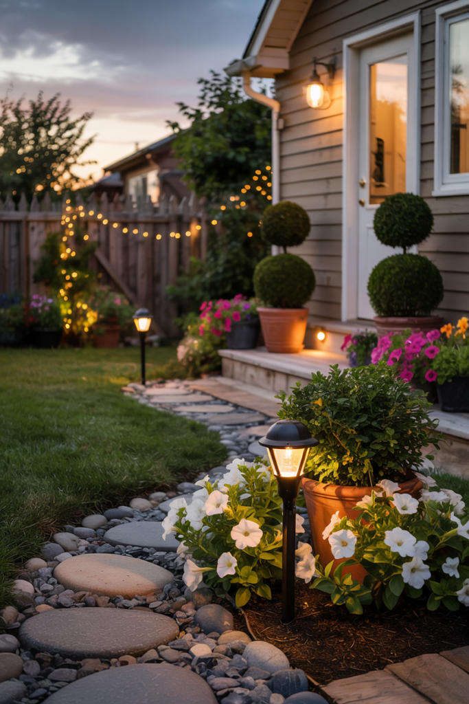 Backyard pathway lit with solar stake lights and motion-activated LED by doors, providing safe and cozy evening lighting.