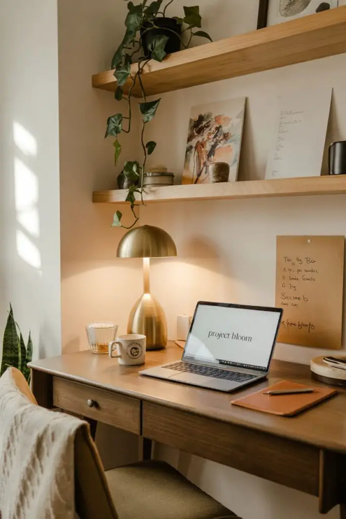 Compact home office nook with a warm wood desk, textured chair, open laptop, layered shelves, and lived-in details that feel cozy and productive.