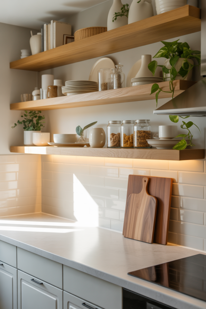 Kitchen with renter-friendly open shelving, styled ceramics and plants, warm lighting.