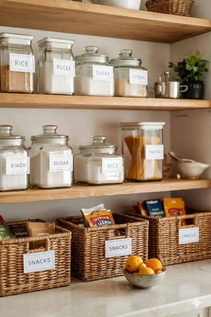 Open pantry shelving of clear glass jars and acrylic containers labeled in minimalist tags, plus woven baskets and seagrass bins for snacks — uniform rows of staples (flour, rice, pasta, nuts) on warm wood shelves.