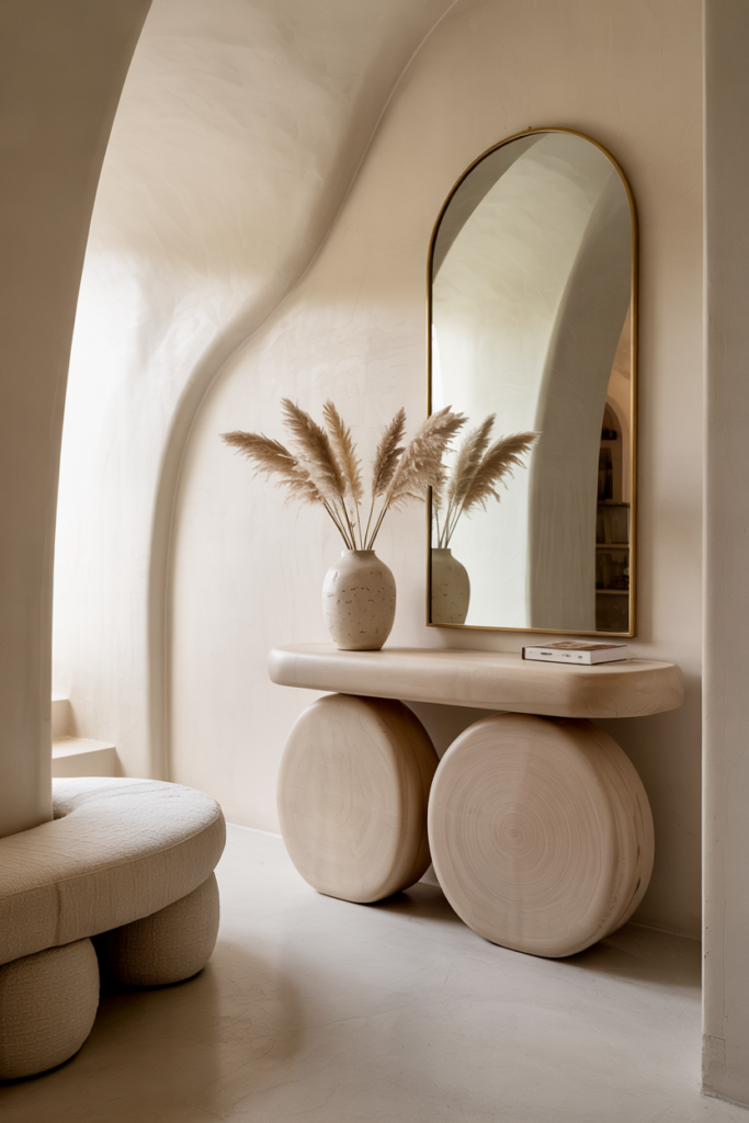 Curved organic entryway with rounded console, arched mirror, soft neutral palette, and cozy modern luxury feel.