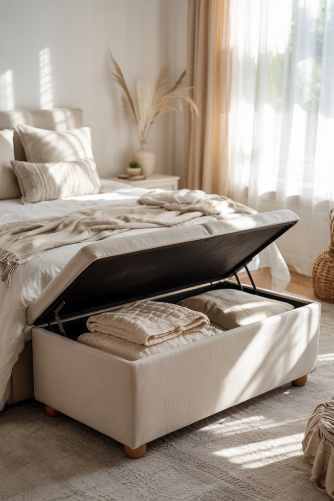 Bedroom with storage ottoman at the foot of the bed, cozy neutral décor, and renter-friendly multi-functional furniture storing bedding.