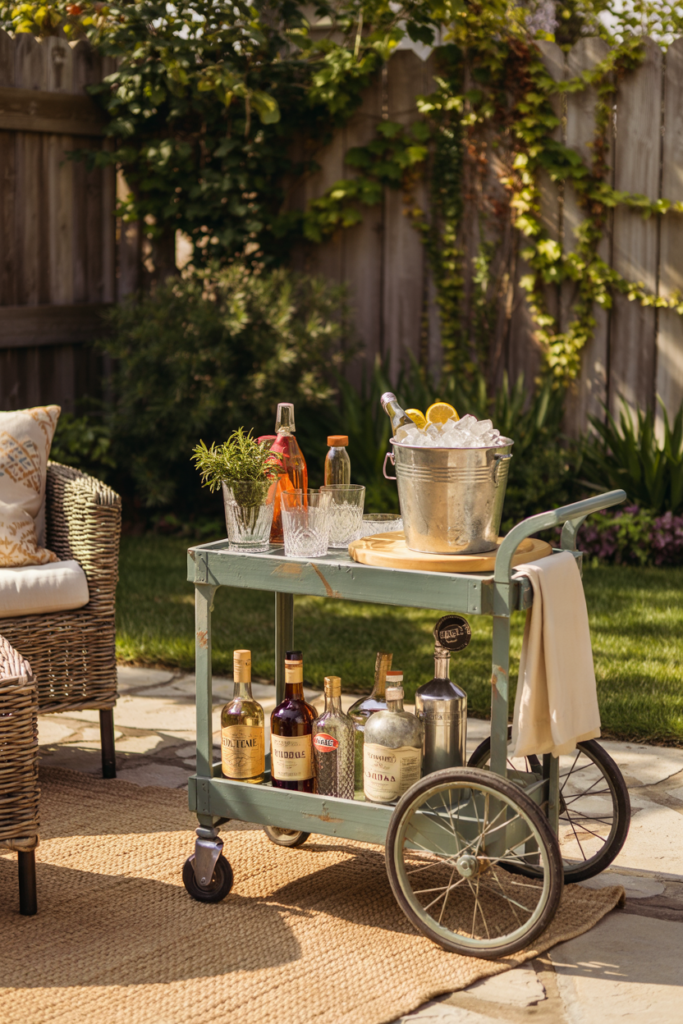 Compact outdoor bar cart made from an upcycled trolley, styled with drinks and glassware for summer backyard entertaining.