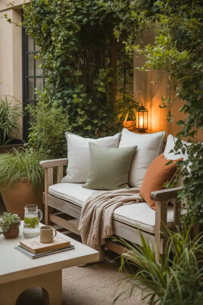 Nestled garden seating nook with a wooden bench, soft outdoor cushions, leafy greenery, and warm sunlight creating a peaceful outdoor retreat.