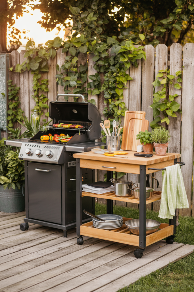 Budget outdoor kitchen with an Ikea-style prep cart and portable grill, set up for summer backyard cookouts with fresh vegetables and herbs.