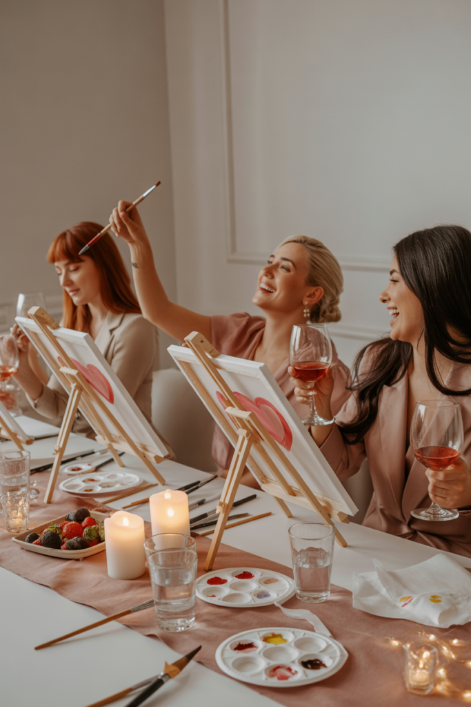 Valentine’s sip and paint party with three women painting on canvases, wine glasses, soft pink décor, and cozy lighting creating a fun and creative Galentine’s celebration.