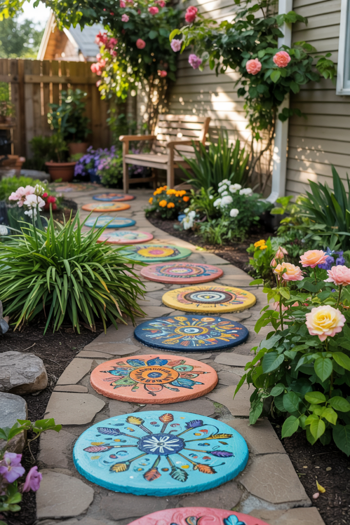 Backyard garden path with DIY painted stepping stones in mosaic designs, creating a colorful and personalized walkway.
