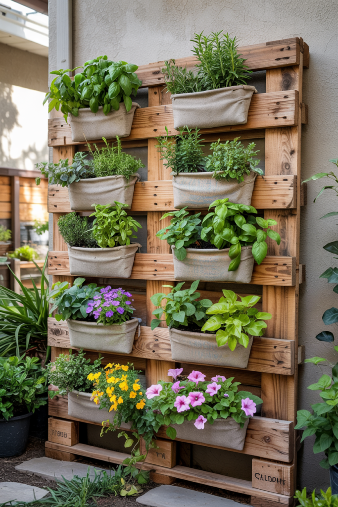 Vertical pallet planter wall filled with herbs and trailing flowers, mounted on a backyard fence in bright late-spring sunlight for a budget-friendly garden makeover.