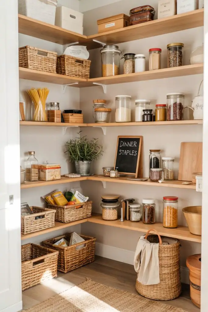 Organized pantry nook with floor-to-ceiling shelves, woven baskets, glass jars of staples, fresh vegetables, and small potted herbs creating a warm, functional corner.