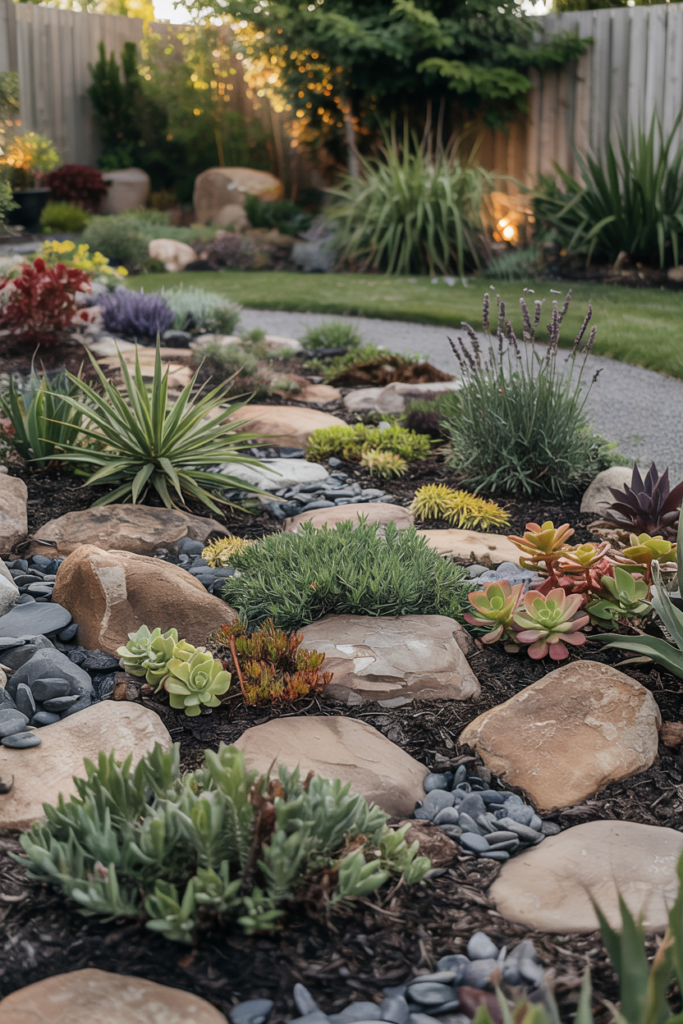 Backyard native rock and peat garden with drought-tolerant plants, ornamental grasses, and succulents, designed for low-water maintenance.