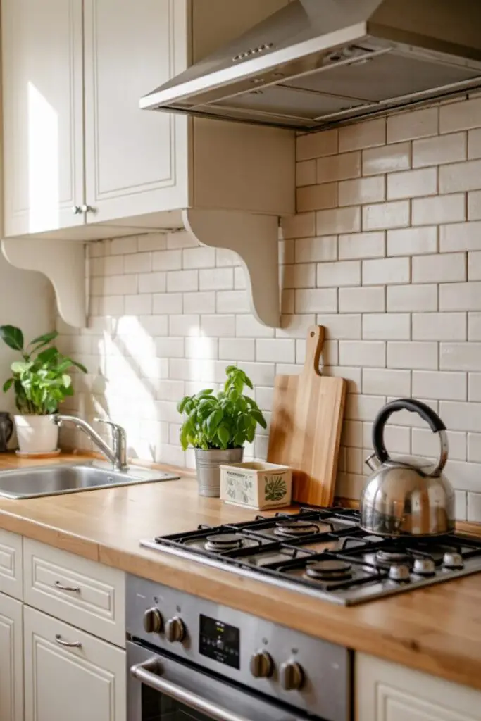Bright kitchen with peel-and-stick backsplash tiles, warm under-cabinet lighting, neutral cabinets