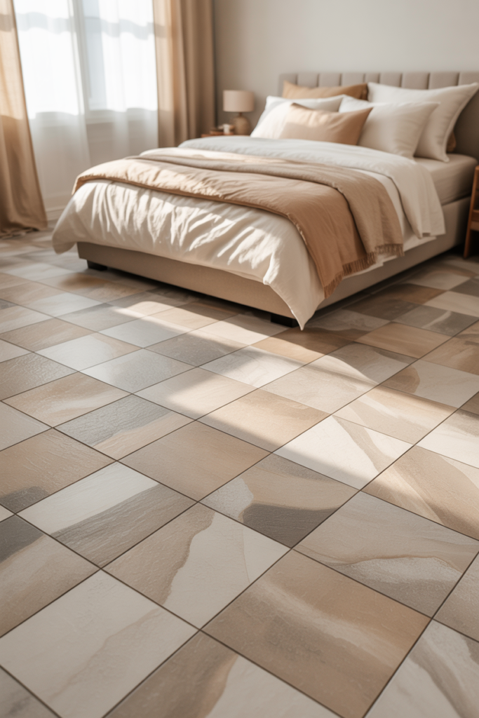 Bedroom with peel-and-stick floor tiles, neutral bedding, warm natural light, and renter-friendly budget flooring upgrade.