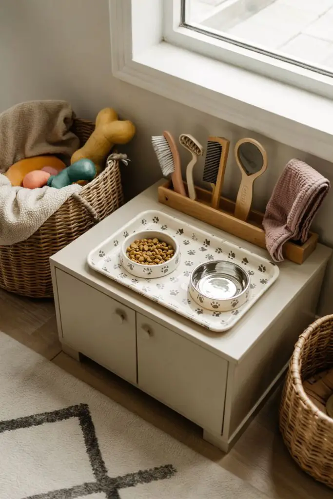 Bright pet care nook with ceramic feeding bowls, colorful toys, grooming tools, cozy blanket, and subtle signs of a pet having just used the space.