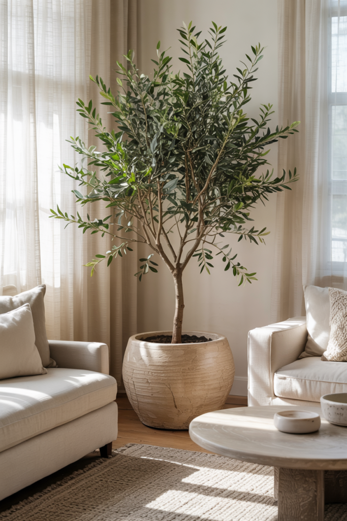 Living room with tall olive tree in stylish planter, neutral décor, natural light, and renter-friendly eco-friendly upgrade.