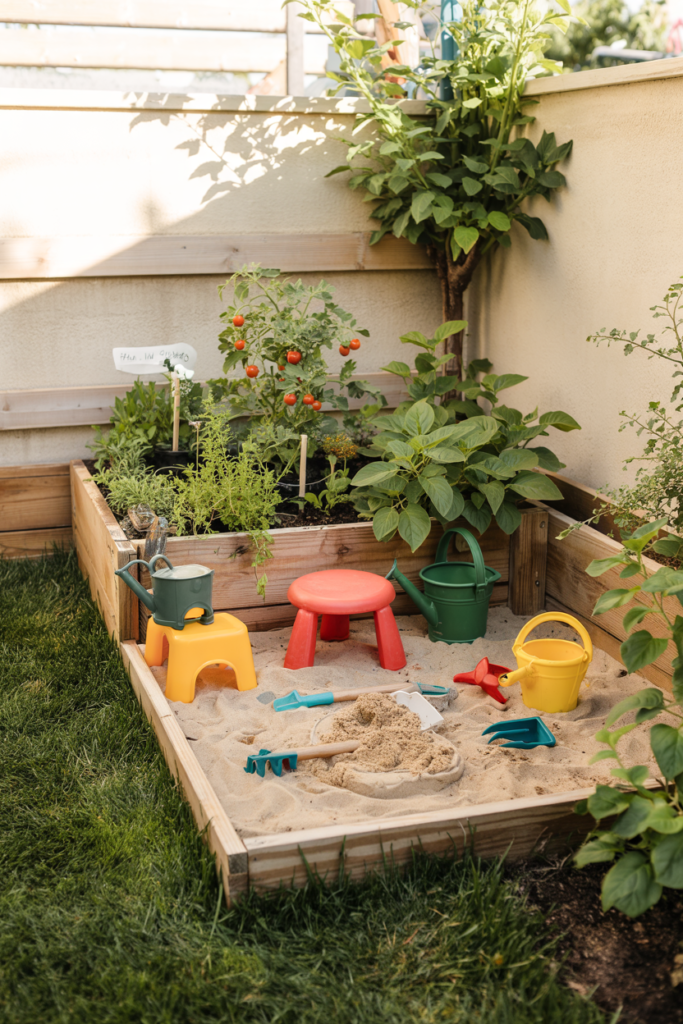Backyard pocket garden for kids with a mini sandpit and tiny vegetable patch, creating a playful and educational outdoor space.
