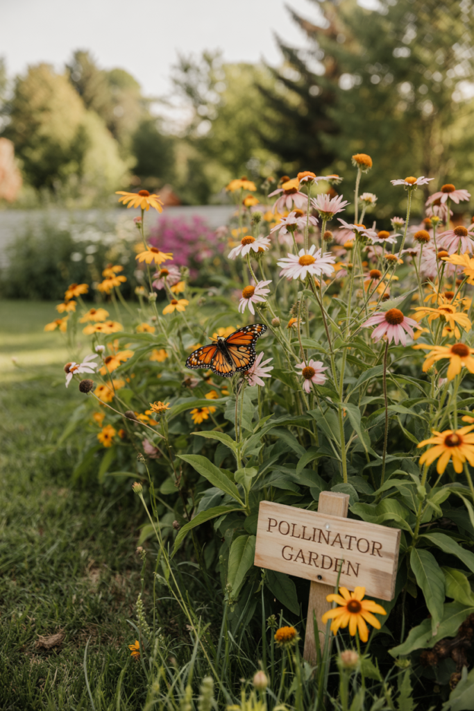 Native wildflower pollinator patch in a sunny backyard, filled with colorful blooms attracting bees, butterflies, and birds.