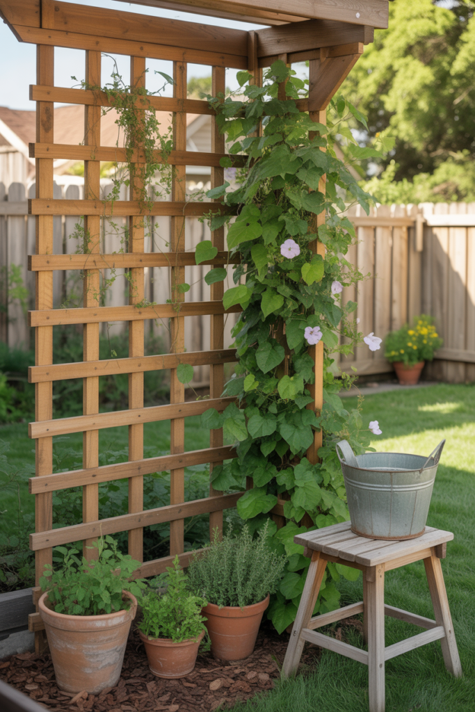 DIY wooden lattice trellis covered with climbing vines and flowers, creating green privacy and a vertical focal point in a backyard.