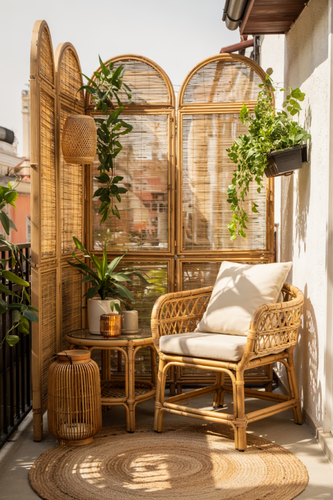 Balcony with temporary privacy screens, neutral outdoor furniture, potted plants, and renter-friendly budget-friendly outdoor upgrade.