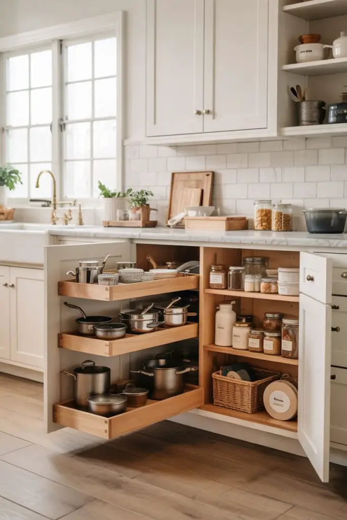 Open base cabinet with pull-out drawers showing neatly stacked pots, skillets and bowls on wooden trays, labeled jars and woven baskets; soft-white shaker cabinets, quartz counters, oak floor, vase of herbs and linen towel.