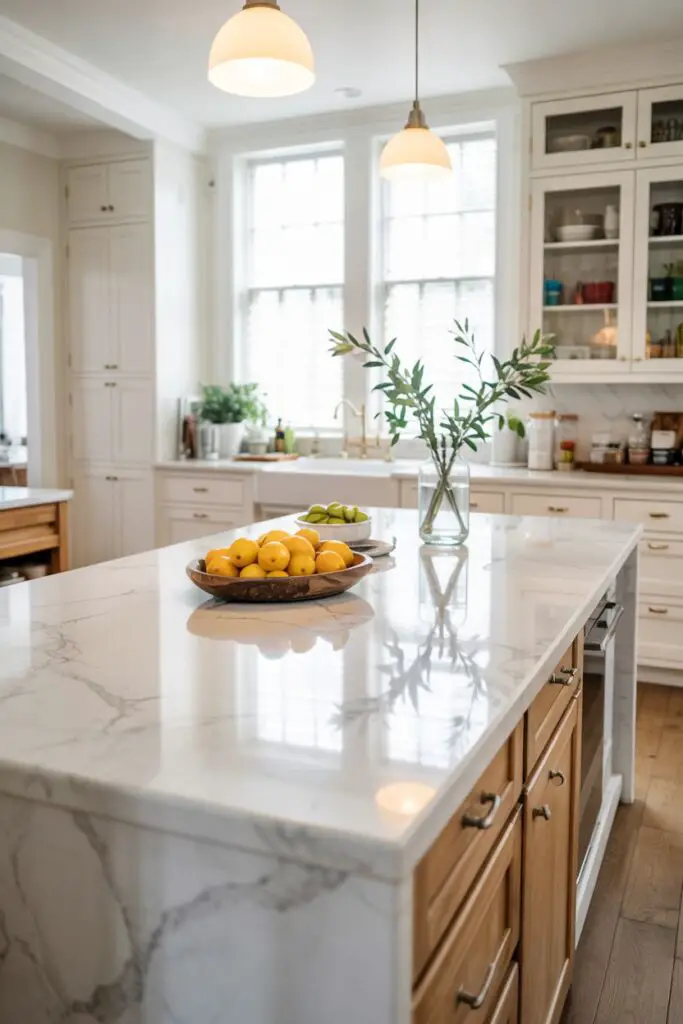 Airy modern transitional kitchen with polished white quartz countertops (delicate gray veining) and a waterfall-edge island, white uppers and warm wood base cabinets.