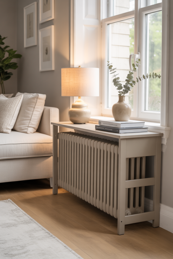 Living room with radiator shelving unit, styled décor, warm lighting, and renter-friendly solution to hide radiators.