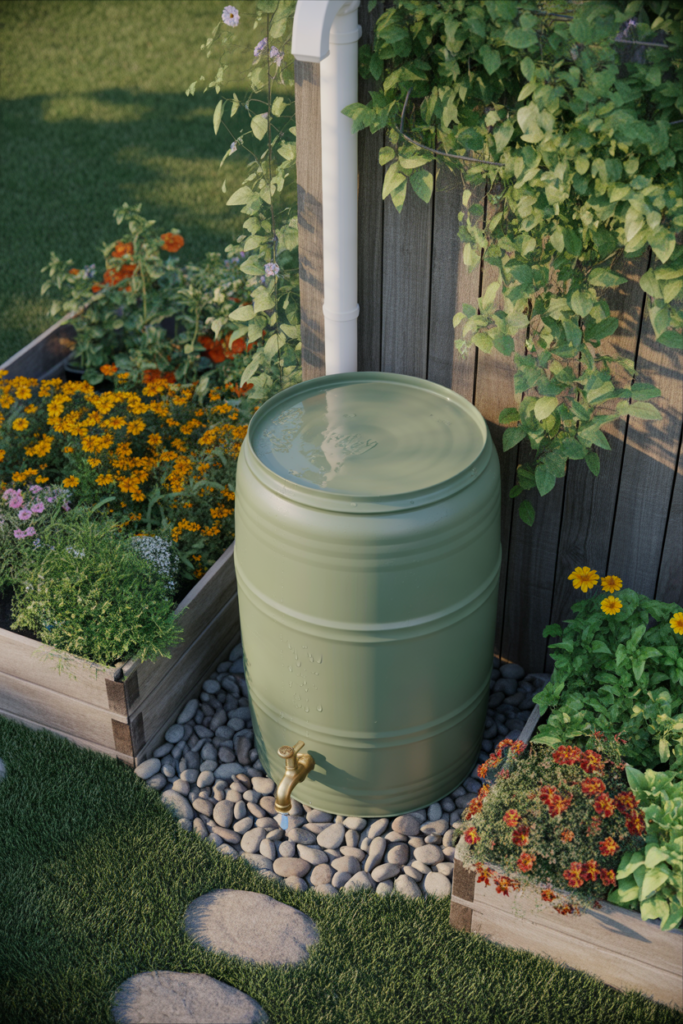 Backyard rain barrel set up under a downspout, surrounded by thriving plants, capturing rainwater for sustainable summer garden watering.