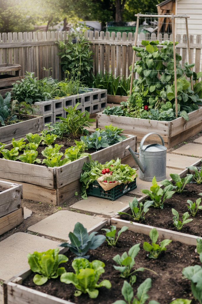 DIY raised garden beds made from reclaimed wood and cinderblocks, planted with vegetables in a tidy spring backyard.