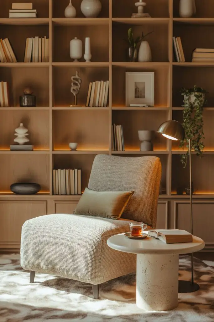 Inviting reading nook with a plush boucle chair, warm oak bookshelves, soft ambient lighting, and cozy neutral textures creating a calm, modern retreat.