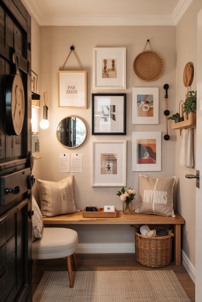 Entryway with gallery wall using removable hooks, neutral décor, soft lighting, and renter-friendly personalized focal point upgrade.