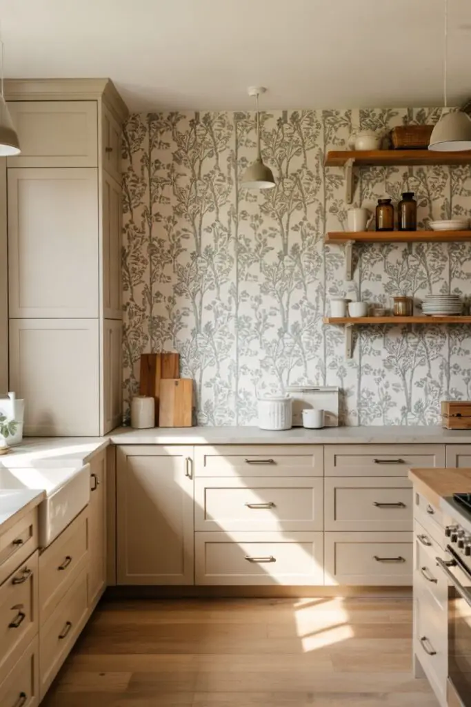 Modern transitional kitchen with subtle botanical peel-and-stick wallpaper behind open shelves and inside glass cabinets, two-tone cabinetry, quartz counters, and styled everyday objects for a fresh, temporary accent.
