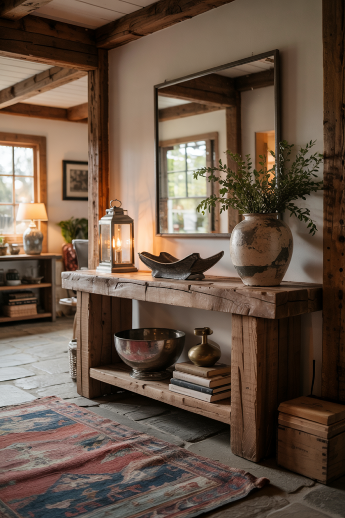 Rustic storytelling foyer with reclaimed wood beams, vintage rug, aged metal accents, and warm cozy luxury ambiance.