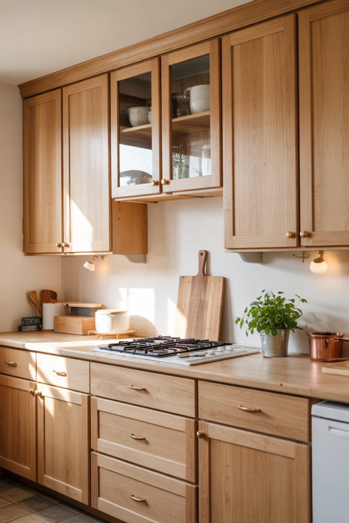 Rental kitchen with self-adhesive vinyl-wrapped cabinets, warm lighting, neutral countertops.