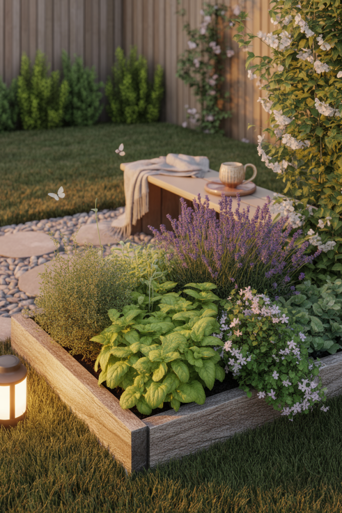 Cozy backyard sensory corner with lavender, lemon balm, and jasmine, designed for scent and touch during relaxing summer evenings.