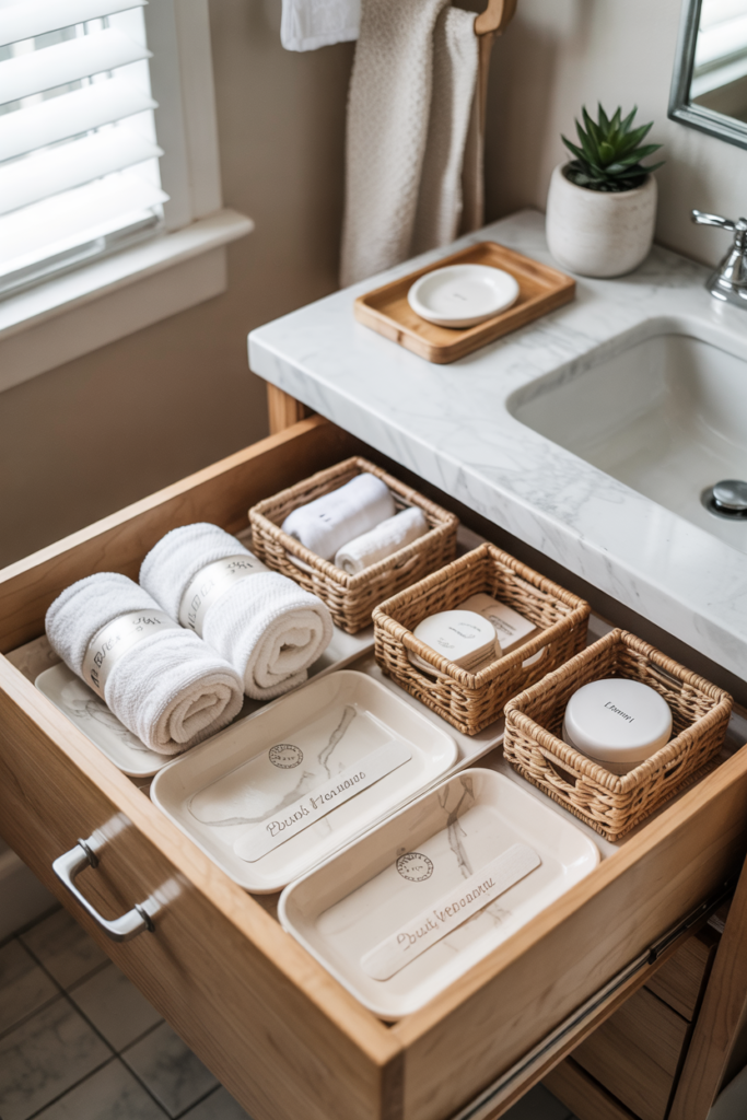 Bathroom drawers and shelves with temporary liners, neatly organized essentials, and renter-friendly budget-friendly storage upgrade.
