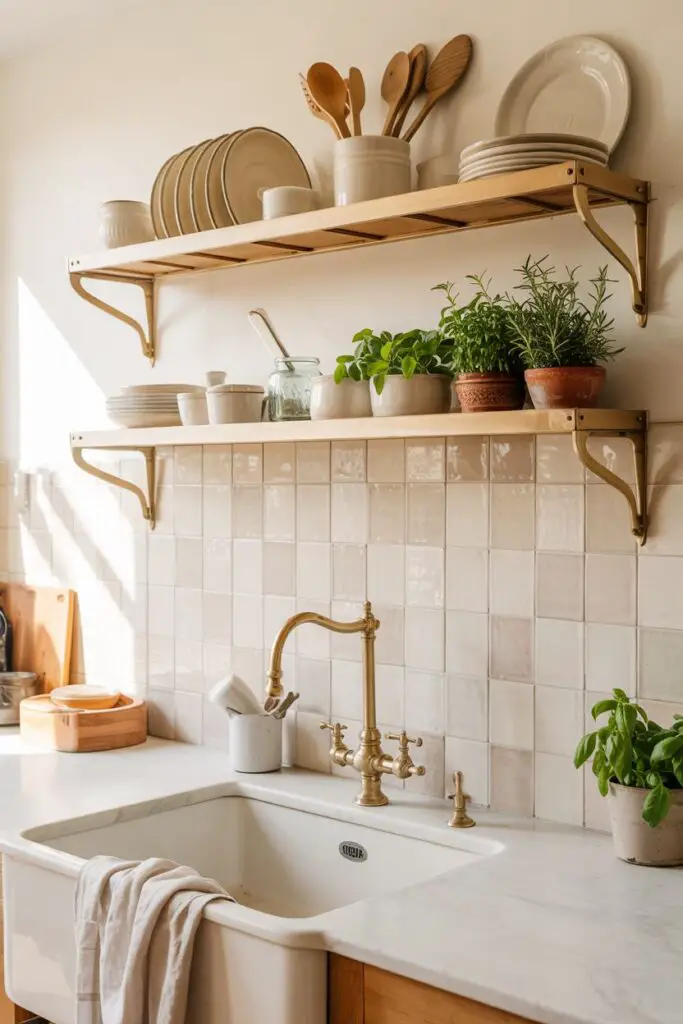 Slim over-sink or over-stove shelf/rack holding stacked plates, drying utensils or spice jars and a small trailing plant; subway tile backsplash, soft natural light and tidy counters for a practical, styled vignette.