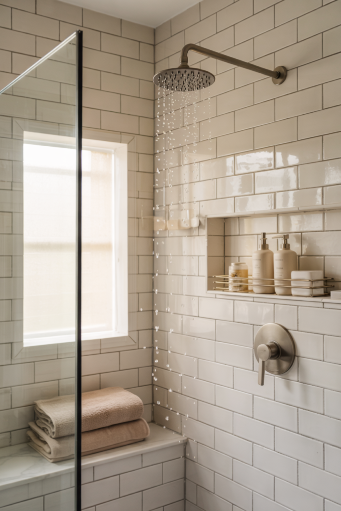 Modern bathroom with upgraded stylish showerhead, neutral tiles, and renter-friendly contemporary luxury bathroom refresh.