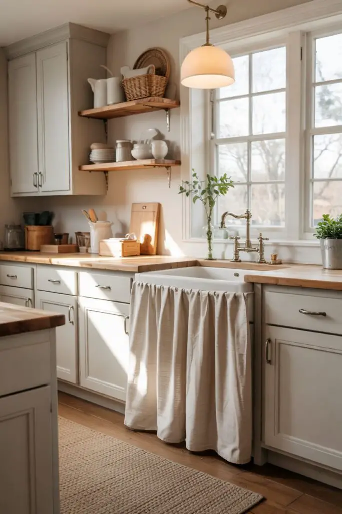 Modern transitional kitchen with a tailored linen sink skirt on the sink run hiding plumbing and baskets, two-tone cabinets, quartz counters, and warm oak floors.