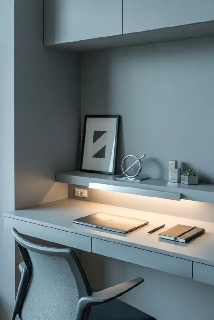 Sleek wall-mounted home office nook with a floating desk, ergonomic chair, minimal shelving, and clean modern finishes for focused work.