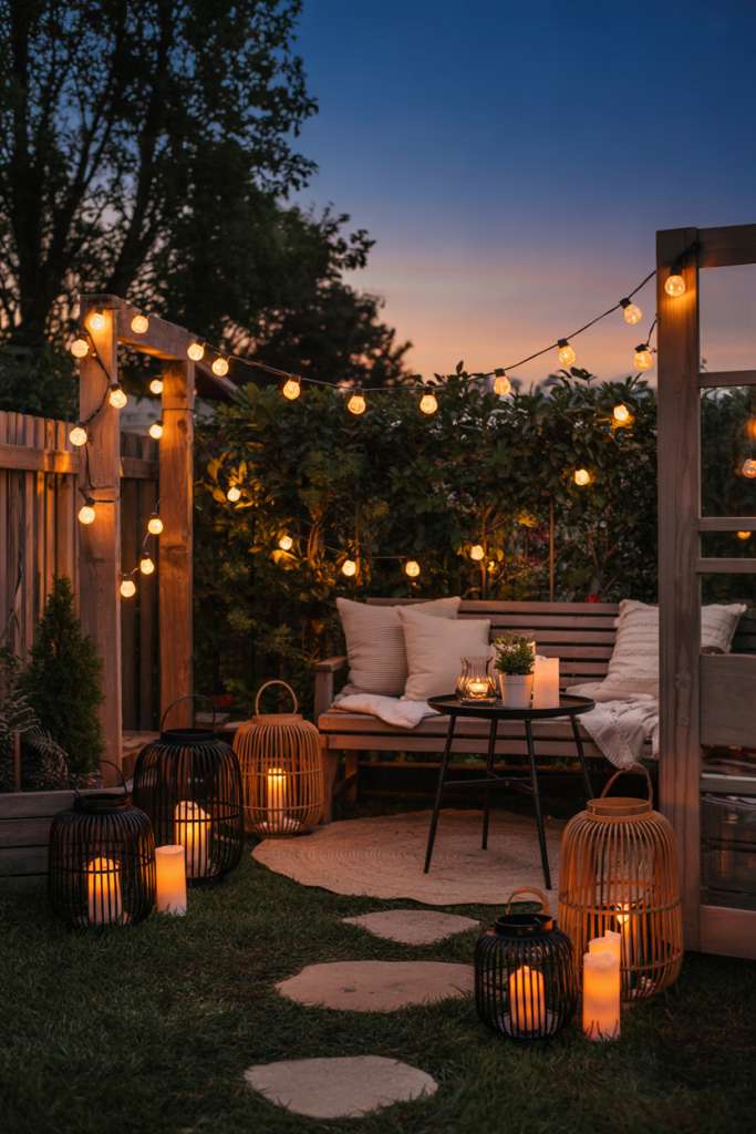 Solar string lights and lanterns glowing over a cozy backyard seating area at dusk, creating a warm and budget-friendly outdoor ambiance.