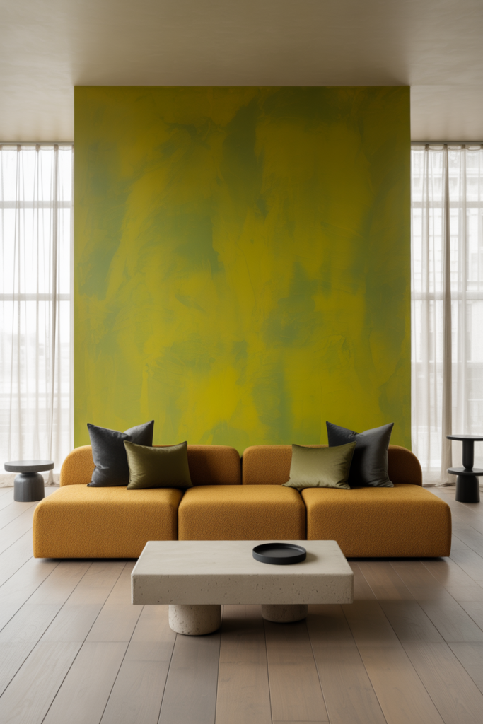 Modern avant-garde living room with sour lime acid green feature wall (#B6D800), neutral bouclé sofa, light oak floors, concrete coffee table, and gallery-style lighting.