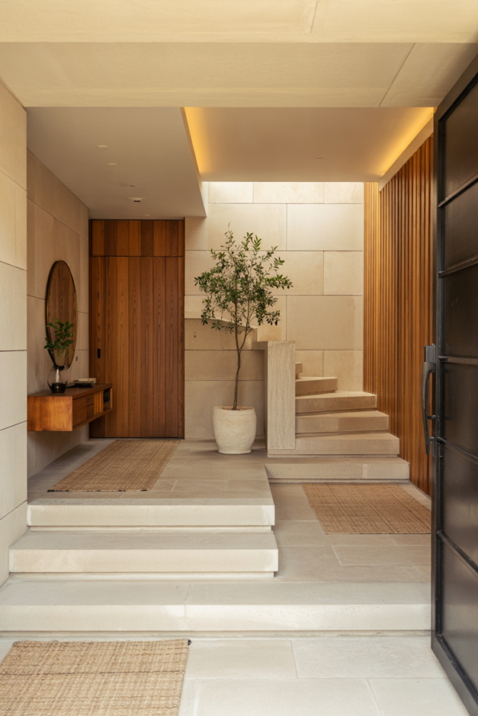 Split-level entryway with staggered floors, stone steps, warm wood accents, and modern architectural luxury design.