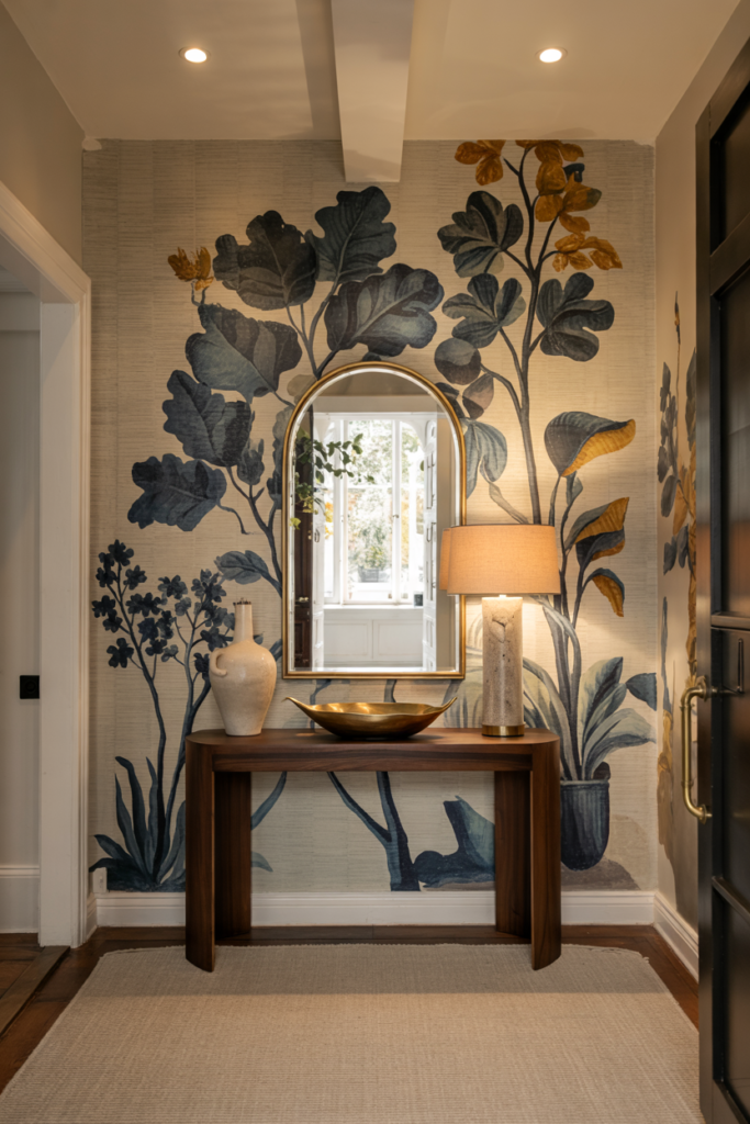 Luxury entryway with bold statement wallpaper, sculptural console, arched mirror, and rich modern color palette.