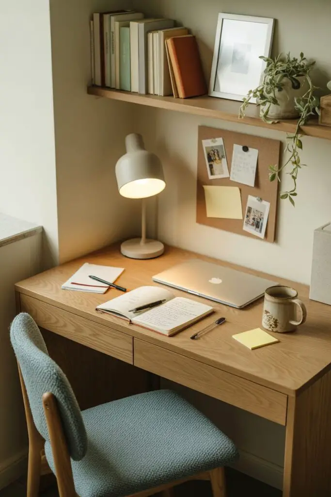 Focused study nook with a compact desk, open shelves, soft natural light, muted colors, and realistic everyday work details.