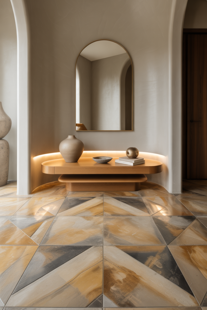 Entryway with patterned or slab natural stone floor, oak console, arched mirror, tactile textures, and cozy-luxe modern design.