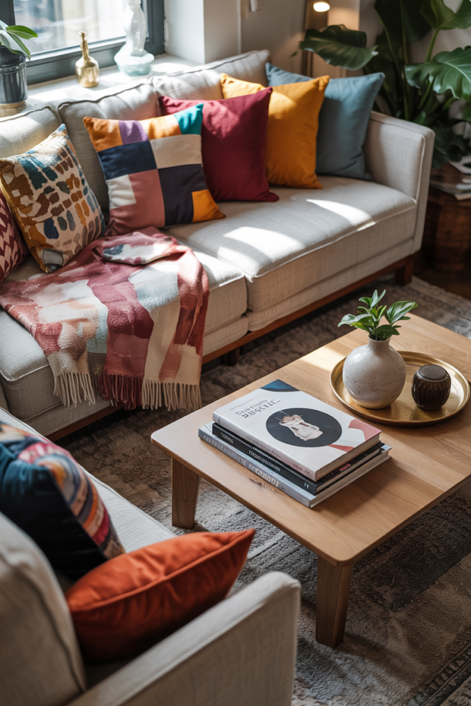 Neutral sofa with colorful accent cushions and throw, cozy textures, natural light, and renter-friendly budget-friendly color upgrade.