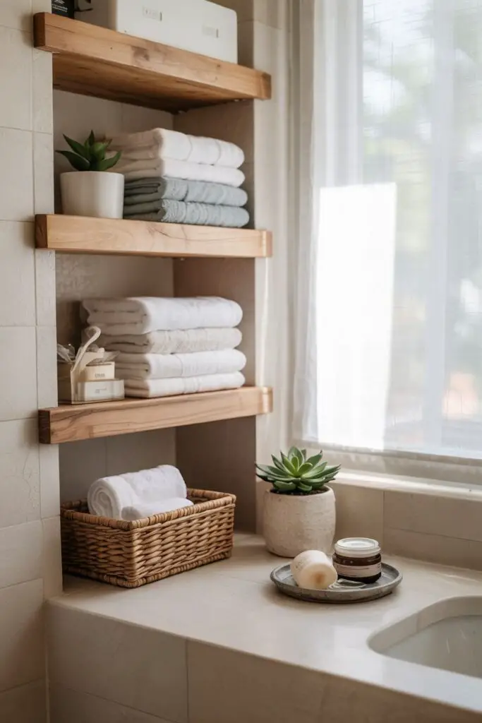 Spa-inspired bathroom nook with recessed shelves holding neatly folded towels, woven baskets, bath essentials, and a small potted succulent creating a clean, cozy storage area.